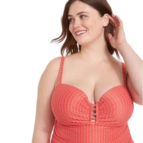 Lane Bryant Underwire Textured Dot Fitted Swim Tankini Top - Starfish Coral Dots - Picture 3 of 4